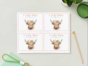 Cow Valentine's Day Card - Set of 4 Designs (Instant Download!)