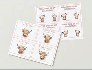 Cow Valentine's Day Card - Set of 4 Designs (Instant Download!)