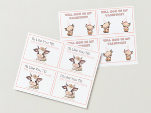 Cow Valentine's Day Card - Set of 4 Designs (Instant Download!)
