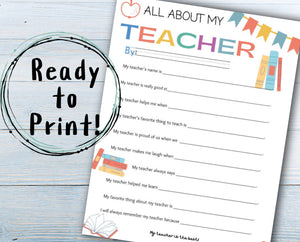 All About My Teacher Survey - Ready to Print Now!
